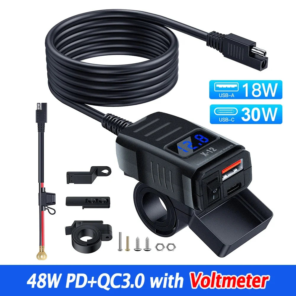 Handlebar Motorcycle Charger Socket PD+QC3.0 Fast Charging Power Adapter USB Type C Dual Port Waterproof With Switch Voltmeter