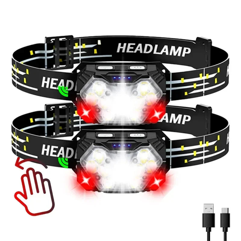 New Super Bright 9 LED Headlamp USB C Rechargeable Headlight 10 Modes Waterproof Motion Sensor Head Lamp Working Flashlight