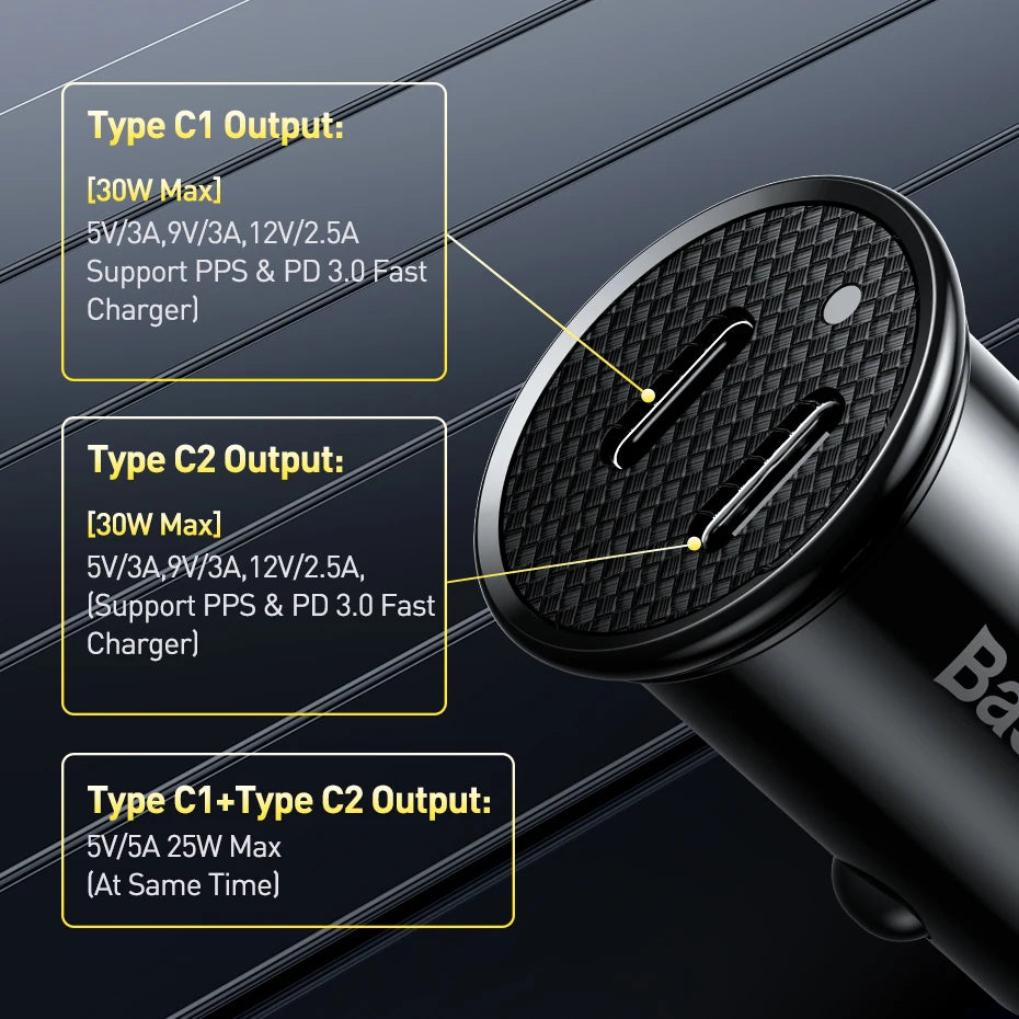 Baseus 30W Dual USB C Car Charger Type C FCP SCP USB PD 3.0 