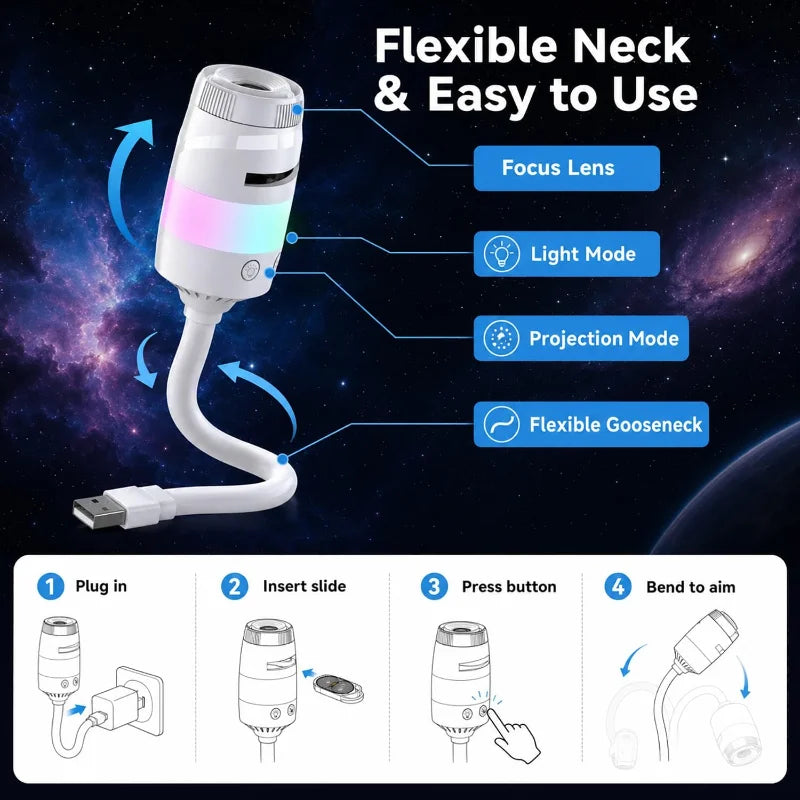 2-in-1 USB Galaxy Projector Night Light 360 Adjustable Brigh