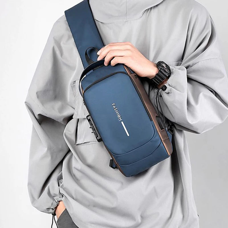 Men Anti-theft Sling Chest Bag With Password Lock USB Chargi