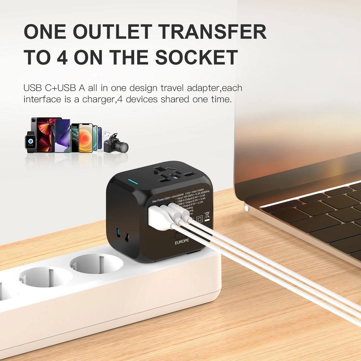 2500W GaN Universal Travel Adapter with 1 USB Ports 2 Type-C