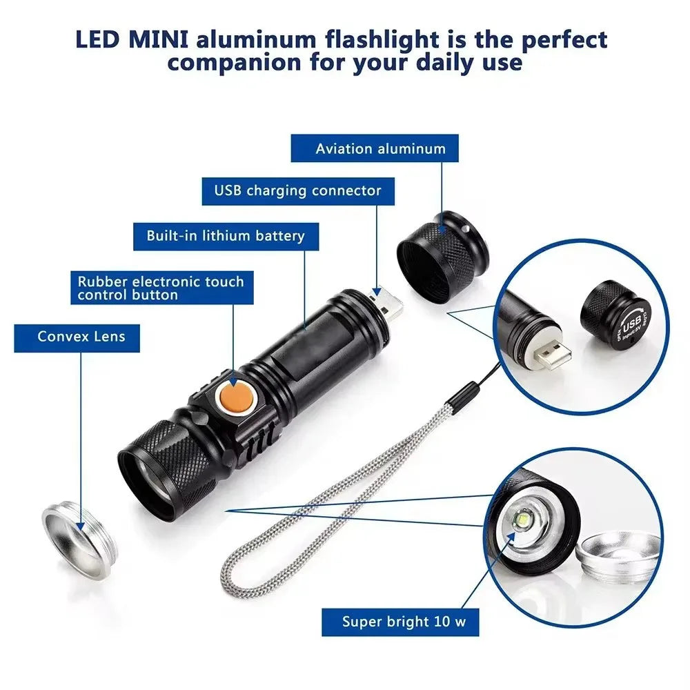 Powerful LED Flashlight With Tail USB Charging Head Zoomable