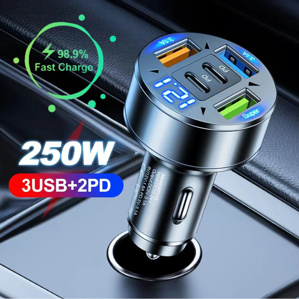 250W 5 Ports Car Charger Fast Charging PD QC3.0 USB C Car Ph