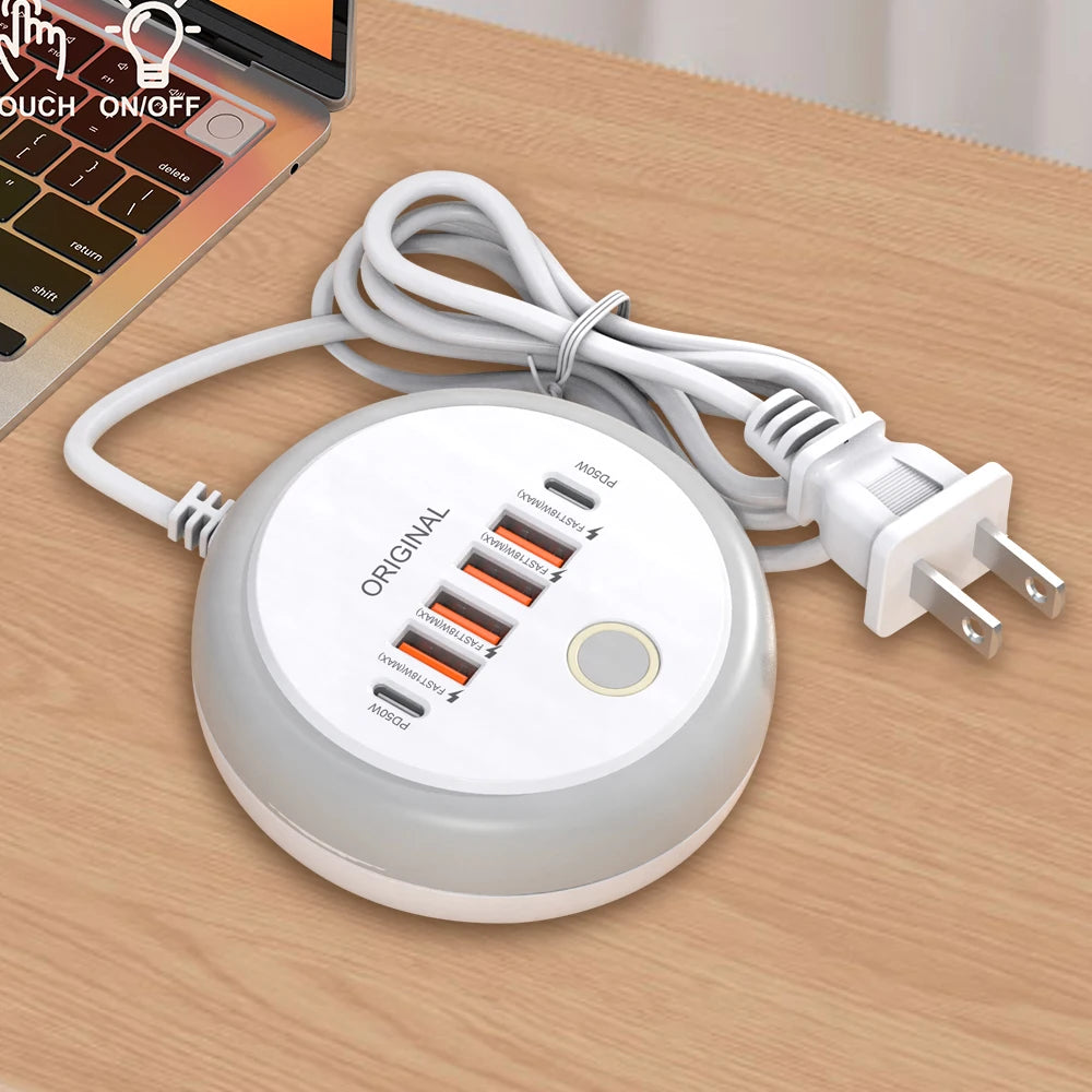 50W PD Charger 6 Ports Type-C Fast Charging Power Strip Wall Adapter With Touch LED Light For iPhone Xiaomi Huawei USB Socket