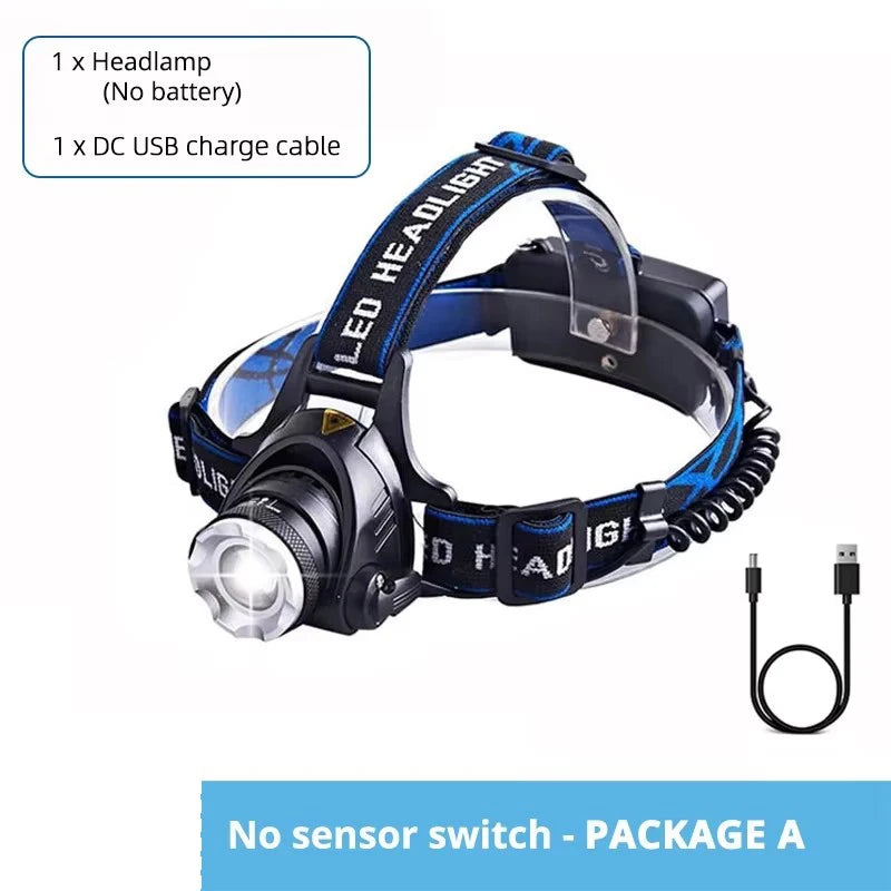 High Power LED Headlamp Fishing Headlight 3 Modes Zoomable Waterproof Super Bright Camping Light Powered by 2x18650 Batteries