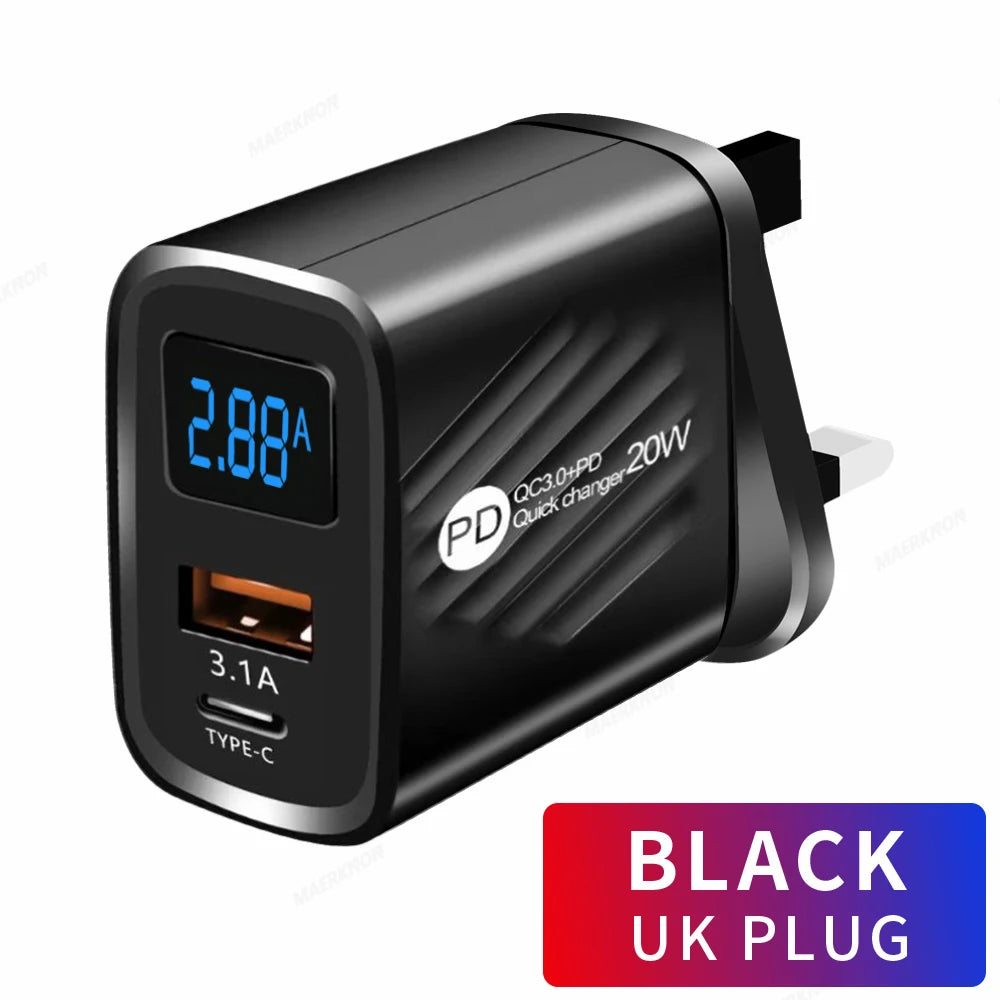 20W USB Type C Charger PD Fast Charging Digital Display Phone Charge Adapter For iPhone Samsung Xiaomi Quick Charge Wall Charger