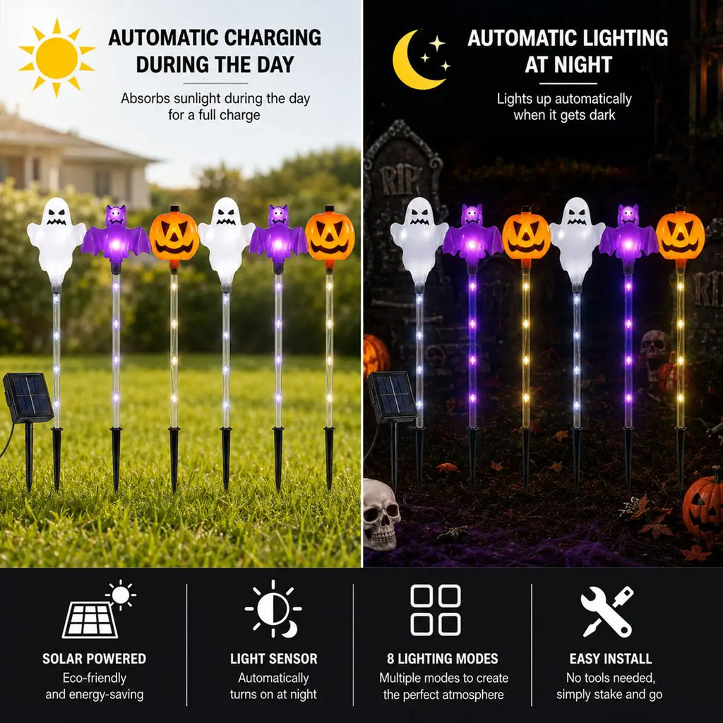 1 Set 6pcs Halloween Solar Pumpkin Ghost Bat Stake Lights Ou
