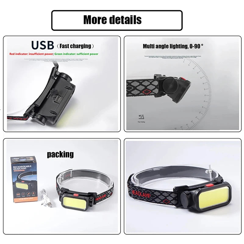Portable Powerful LED Headlamps 4 Modes USB Rechargeable COB