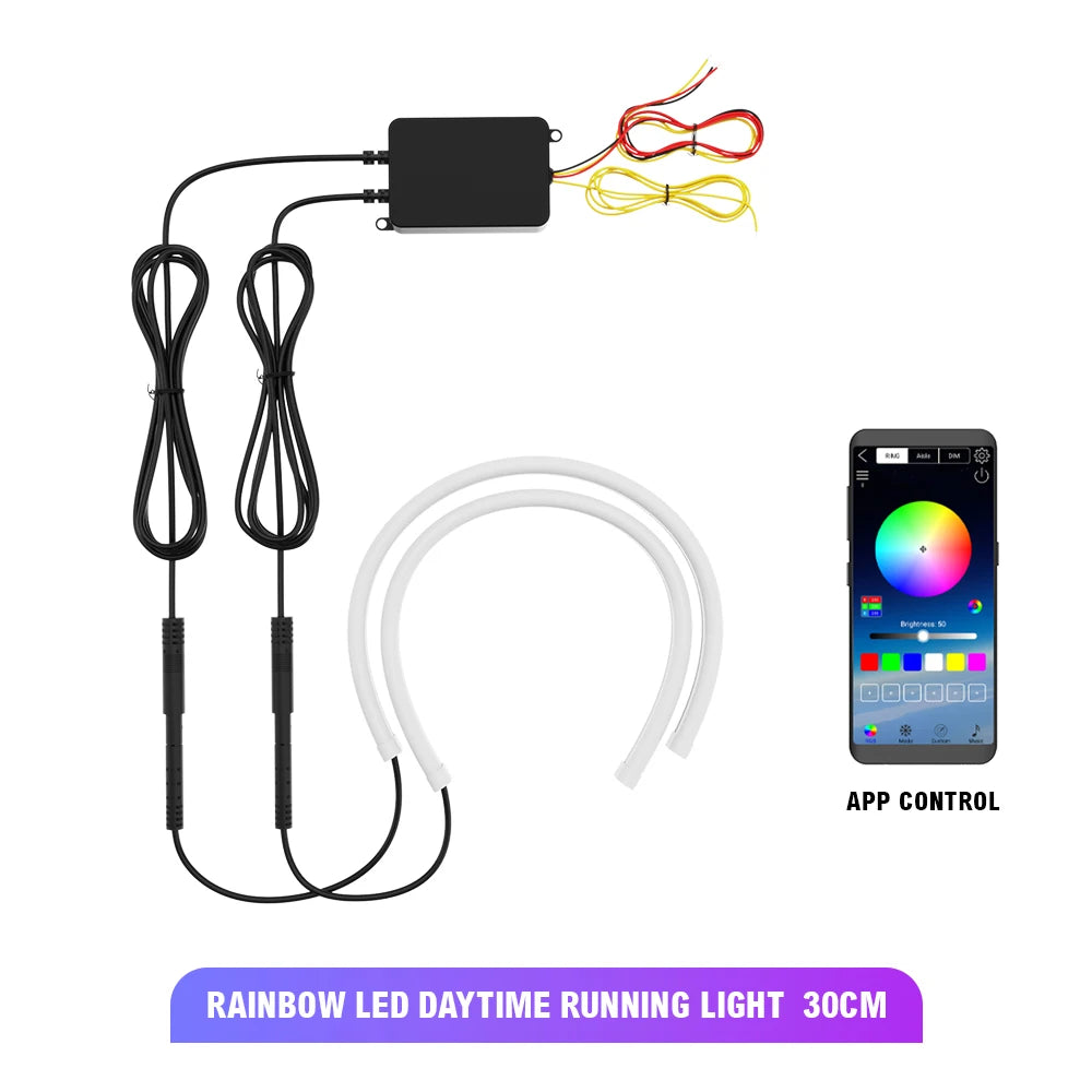 2PCS 30/45/60cm DRL Car LED Daytime Running Light APP Control RGB Flowing Turn Signal Lights Strip Headlight Decorative Lights