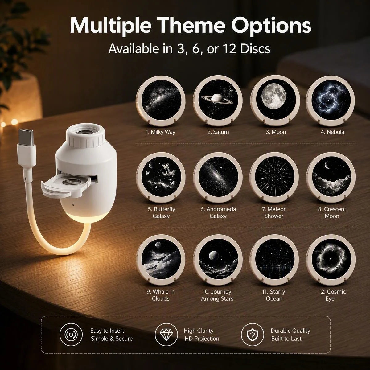 USB Starry Sky Projector Touch Dimmable Memory 3/6/12 Films 