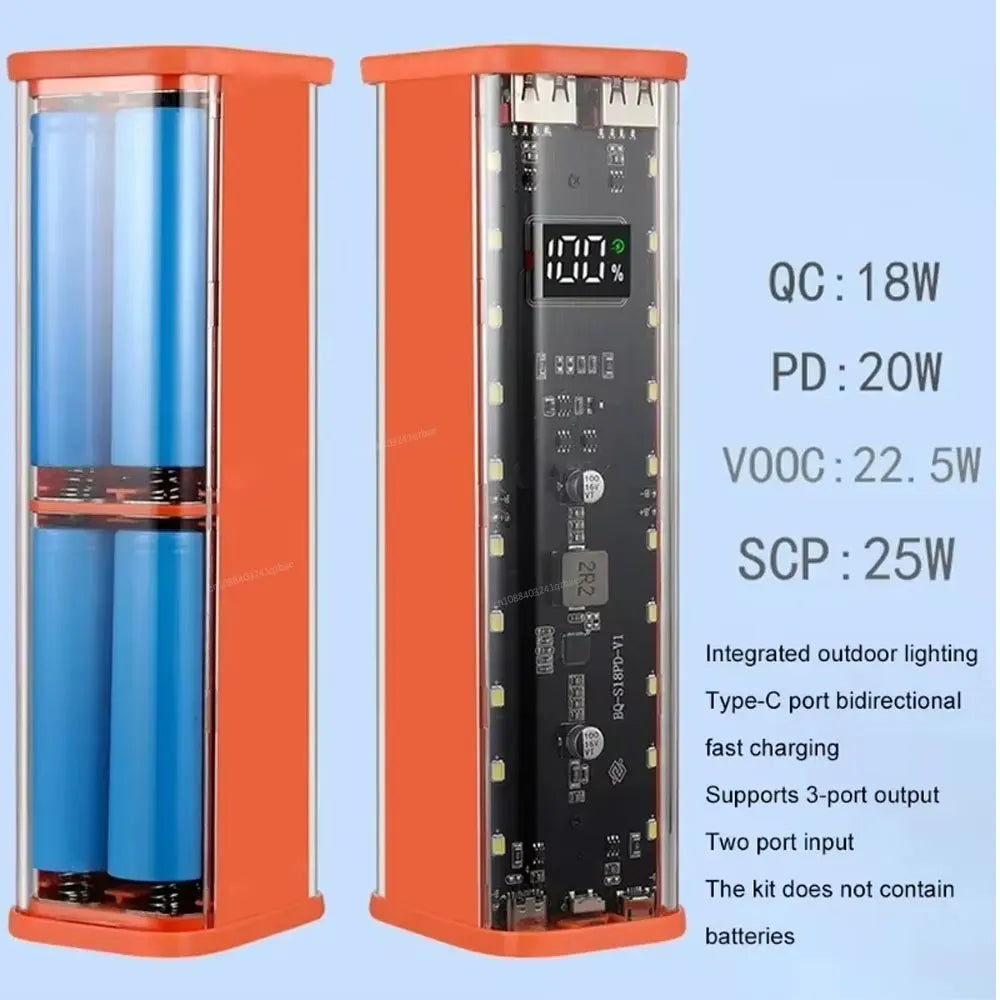 Transparent Shell 18650 Power Bank Case 22.5W Fast Charging 