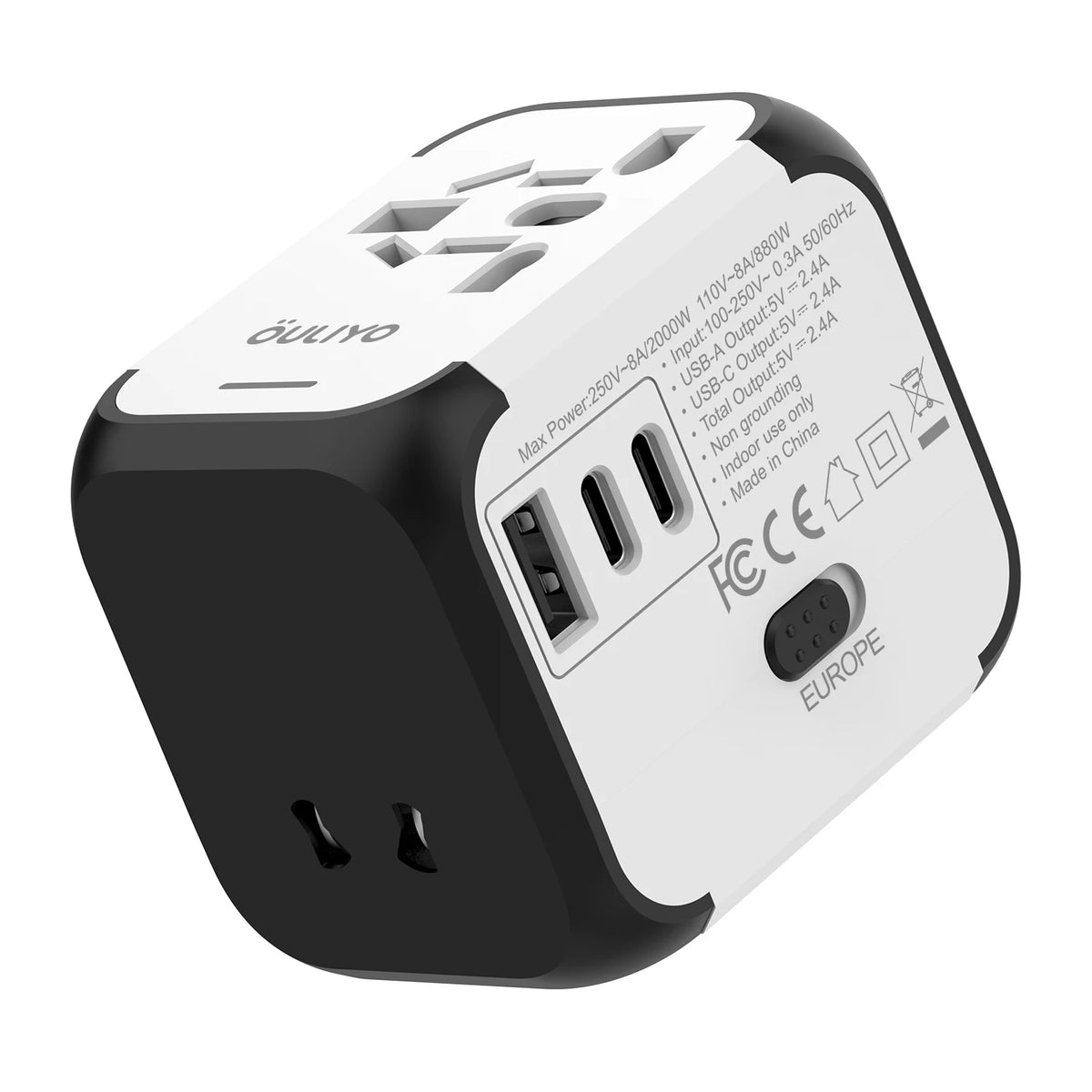 2500W GaN Universal Travel Adapter with 1 USB Ports 2 Type-C PD Charging All-in-one Travel Adapter EU/UK/USA/AUS Plug for Travel
