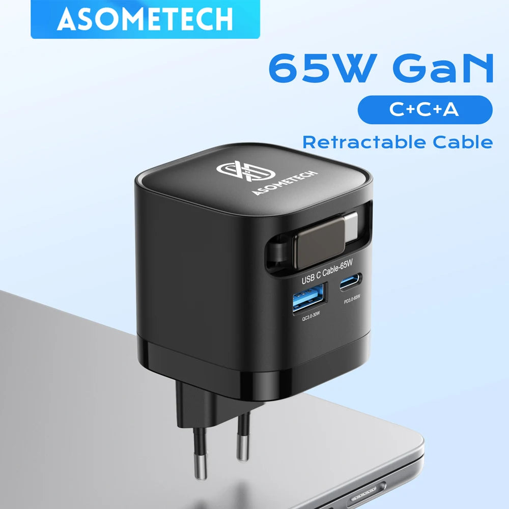 65W GaN USB Charger with Type C Retractable Cable 3 Port QC4