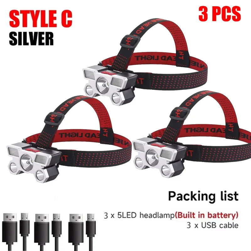 5 LED Flashlight Rechargeable with Built in Lithium Battery Strong Head Light Camping Adventure Fishing Cycling Headlamp