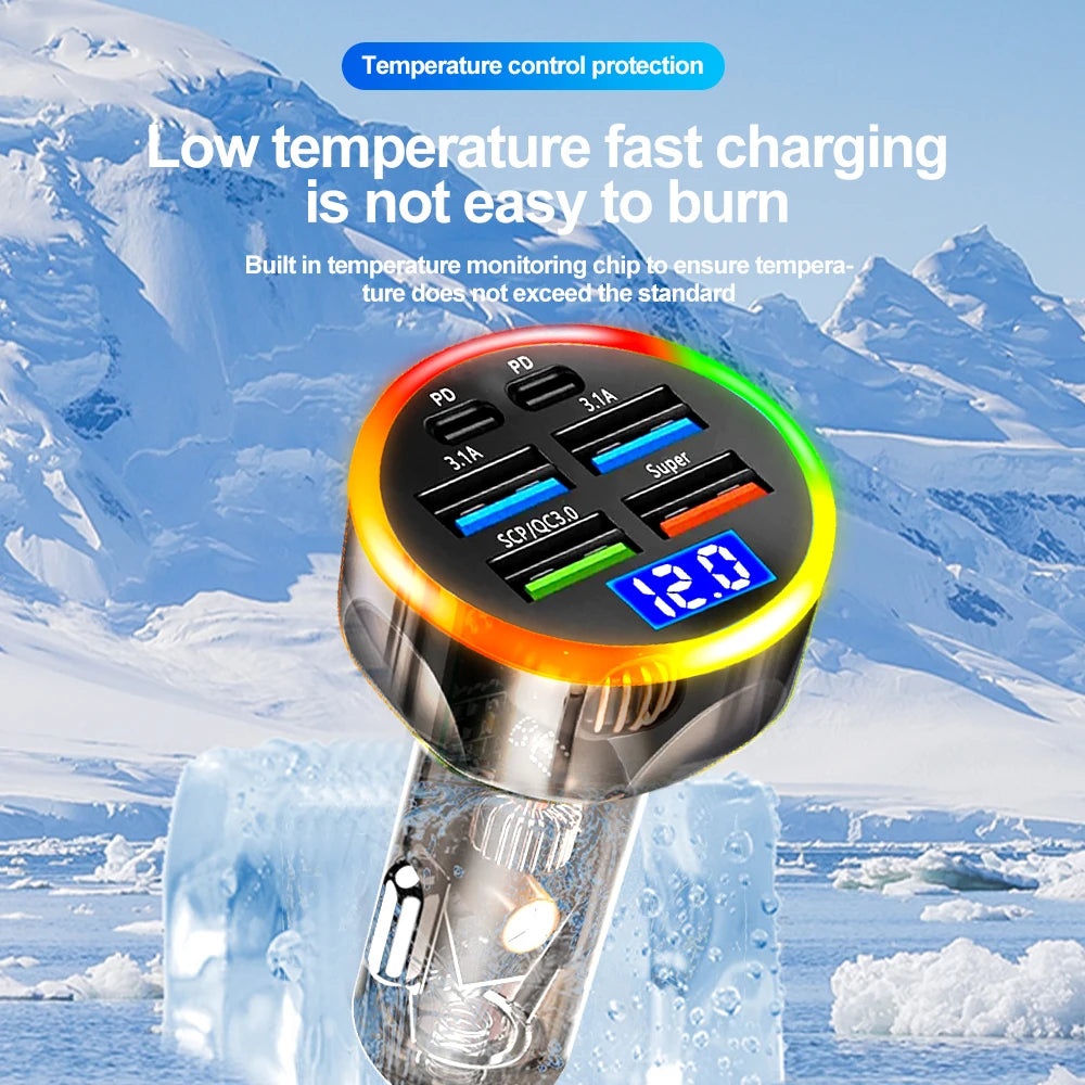 250W Fast Car Charger 6 Ports Quick Charge PD Type C USB A A