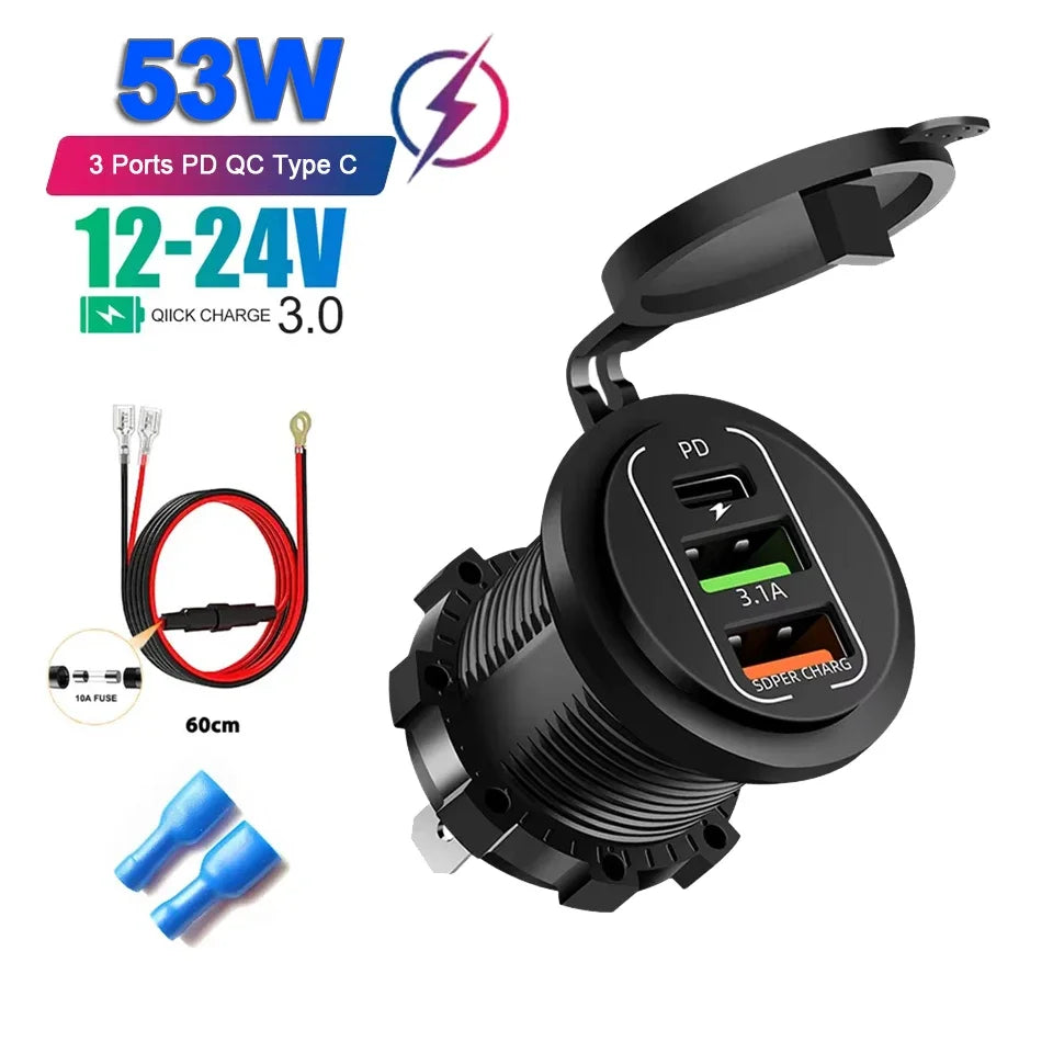 New Car USB Charger PD3.0 & QC3.0 Fast Charging Socket with Voltmeter On/Off Switch 12/24V For Motorcycle Boat Auto Accessories