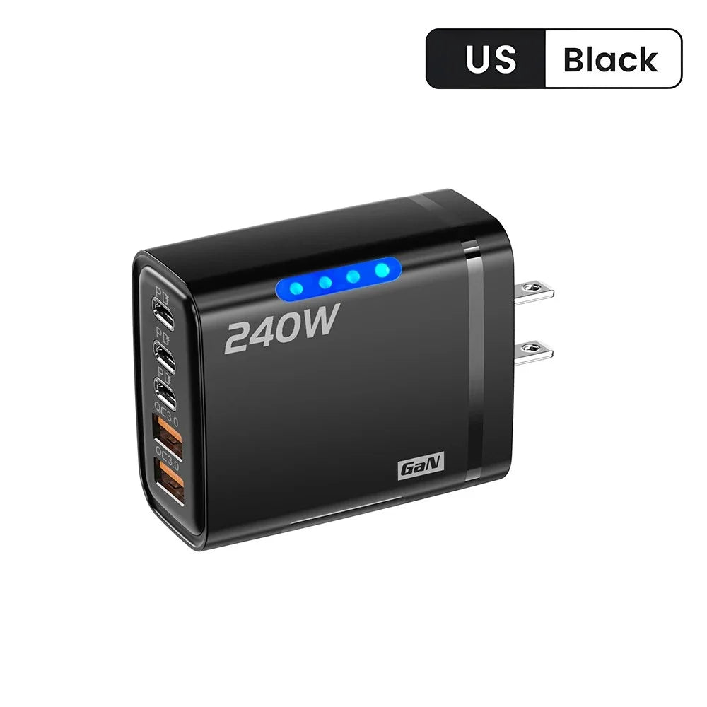 240W USB C GaN Fast Charger With LED Light Type C Multi Port Phone Charging Charger for iPhone 16 15 Pro Samsung Huawei Xiaomi