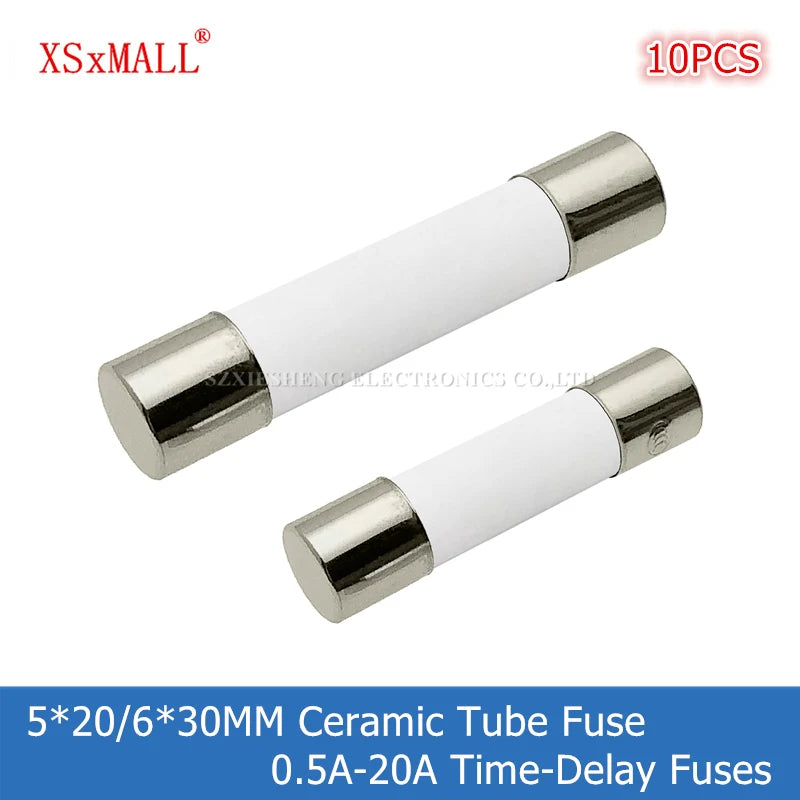 10PCS 5 20/6 30MM Slow-Blow Ceramic Tube Fuse T0.5A 1A 1.6A 