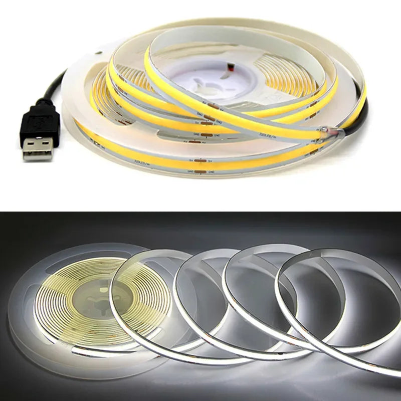 5V USB COB Lamp Strip 320LEDs/M White/Red/Pink/Ice Blue/Yellow Cabinet Light Lamp TV Backlight Flexible Ribbon Rope LED Strip