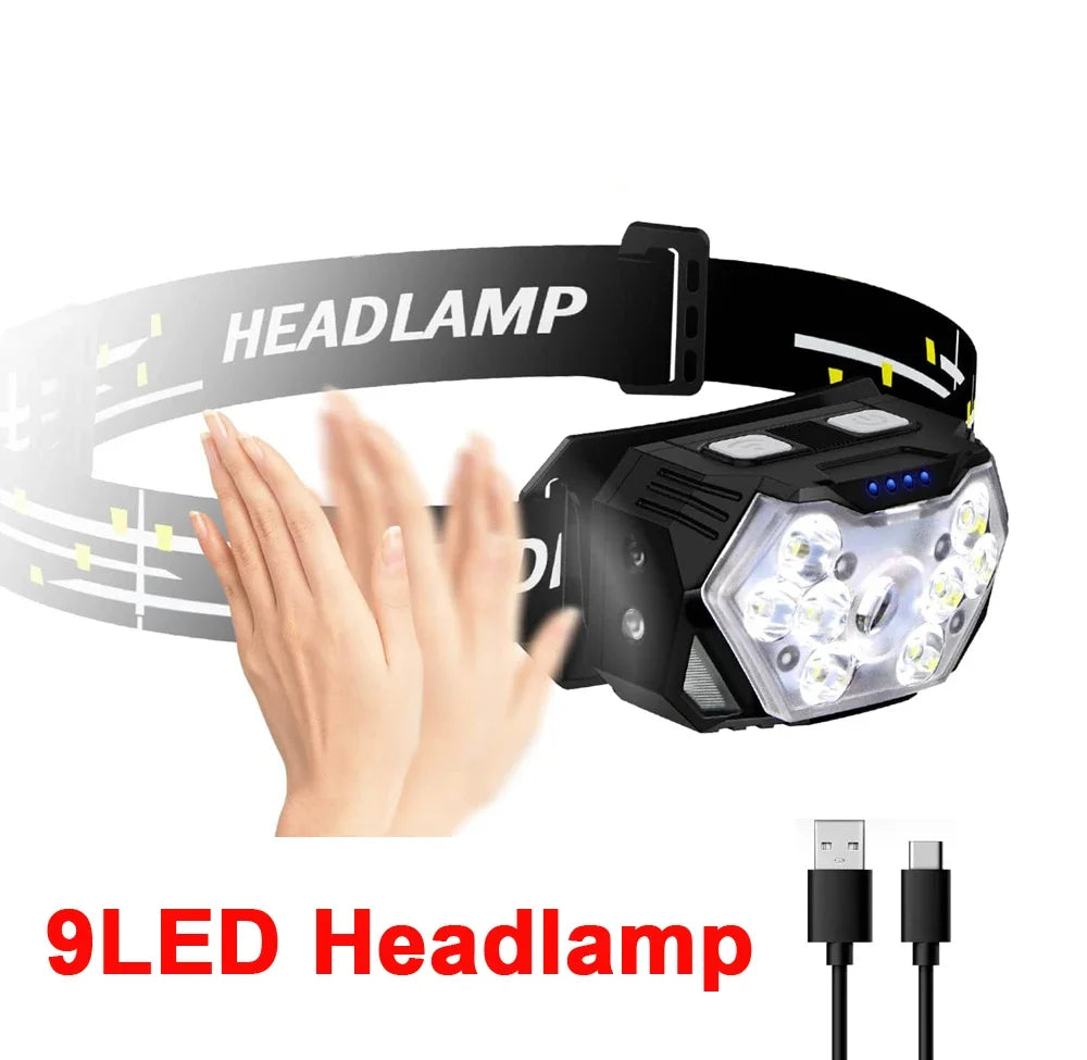 New Super Bright 9 LED Headlamp USB C Rechargeable Headlight 10 Modes Waterproof Motion Sensor Head Lamp Working Flashlight