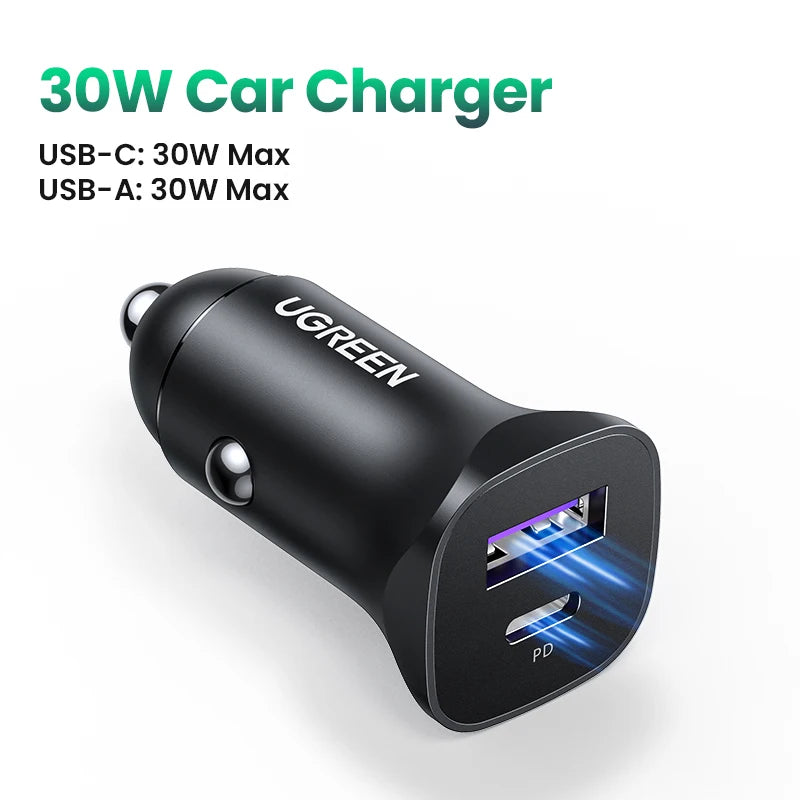 NEW-IN UGREEN USB Car Charger 30W Quick Charge 4.0 QC4.0 QC3.0 PD Type C Fast Car USB Charger For iPhone 17 Xiaomi Mobile Pho
