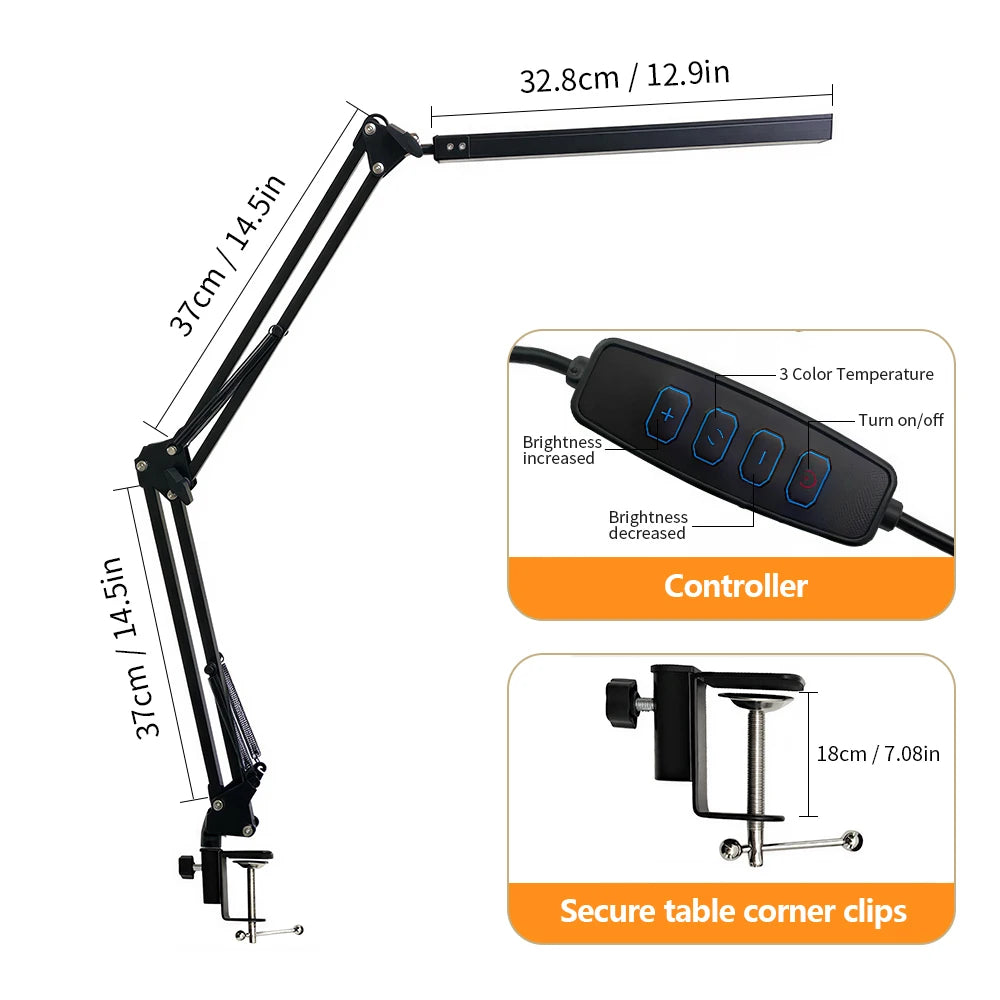 Eye-Caring LED Folding Metal Desk Lamp Adjustable Brightness Levels Flexible Rotating Lamp Head for Home Reading PC