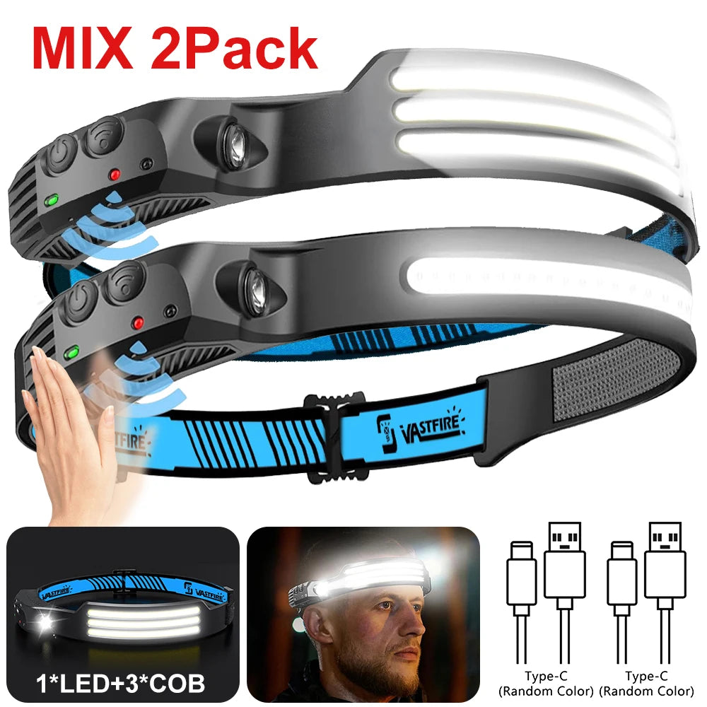 Induction Headlamp COB+LED Head Flashlight Built in Battery USB Rechargeable Outdoor Waterproof Camping Fishing Work Lantern