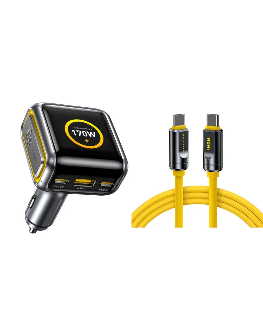 AOHI THE FUTURE Car Charger AI PD GAN+ 170W 3-Port LED Display Fast Car Charger