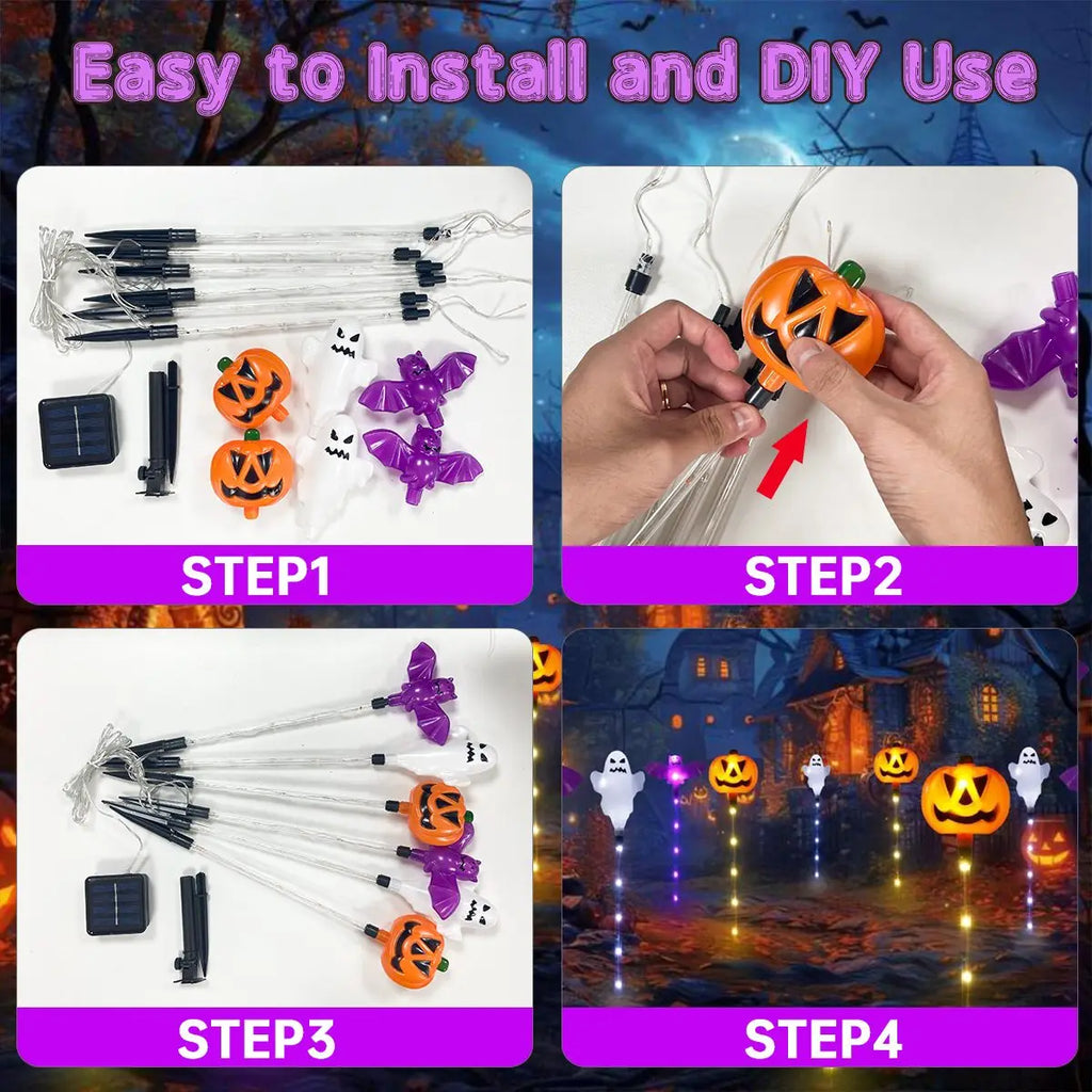 1 Set 6pcs Halloween Solar Pumpkin Ghost Bat Stake Lights Ou