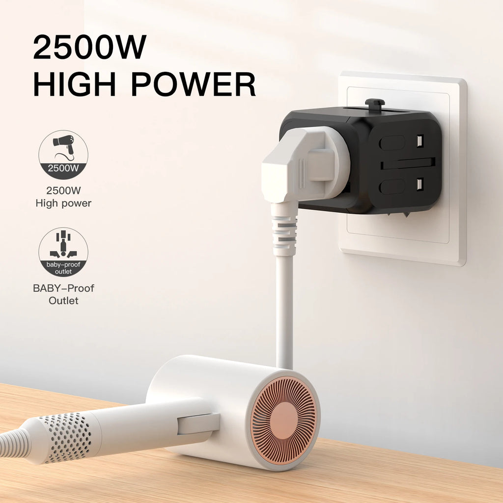 2500W GaN Universal Travel Adapter with 1 USB Ports 2 Type-C