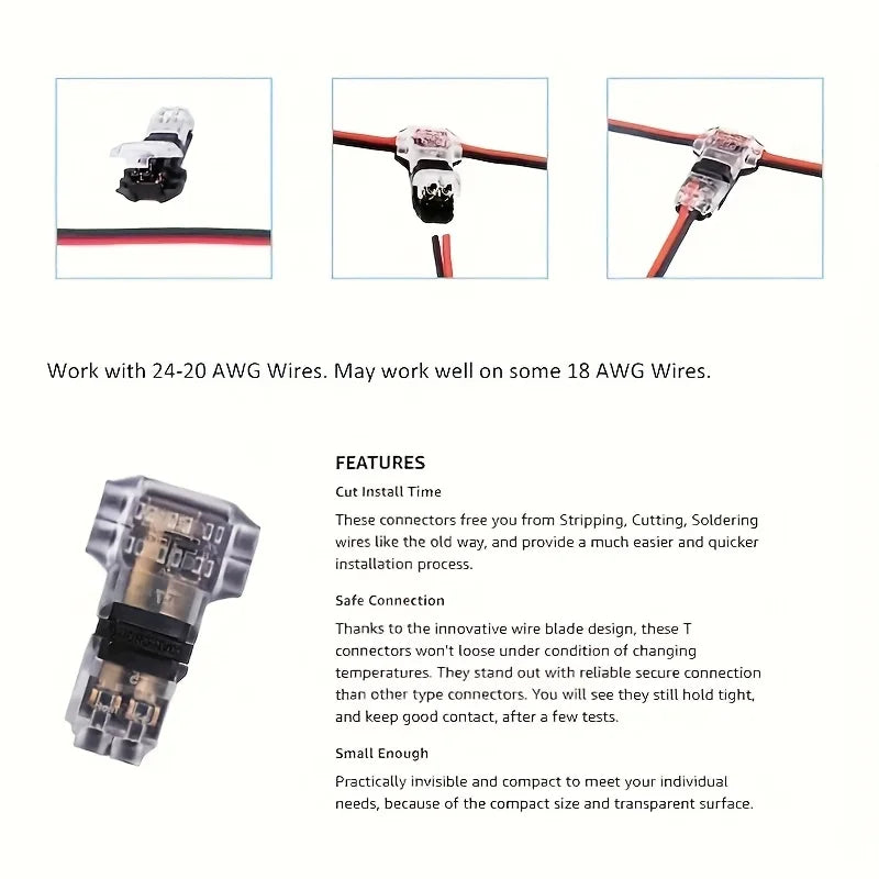 10/100PCS Wire Cable Snap In T2 Connector No-solder No-peel 