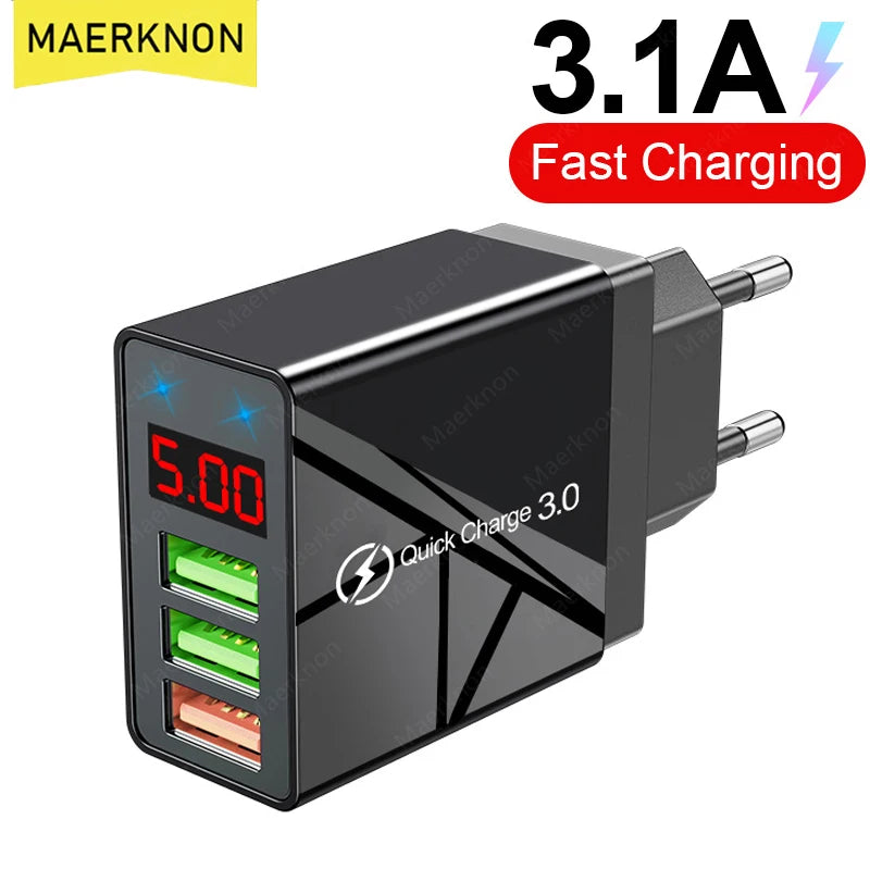 USB Fast Charger 3 Port With LED Display Phone Adapter For i