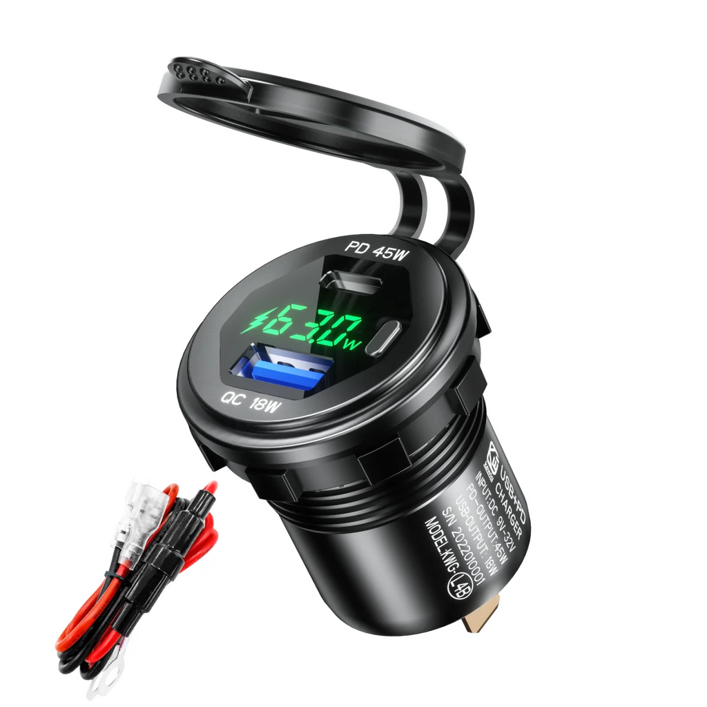 45W Type-C PD QC3.0 USB Car Charger Socket 12V 24V Fast Charge Voltmeter Switch Alloy Shell for Auto Truck Boat RV Bus Motor