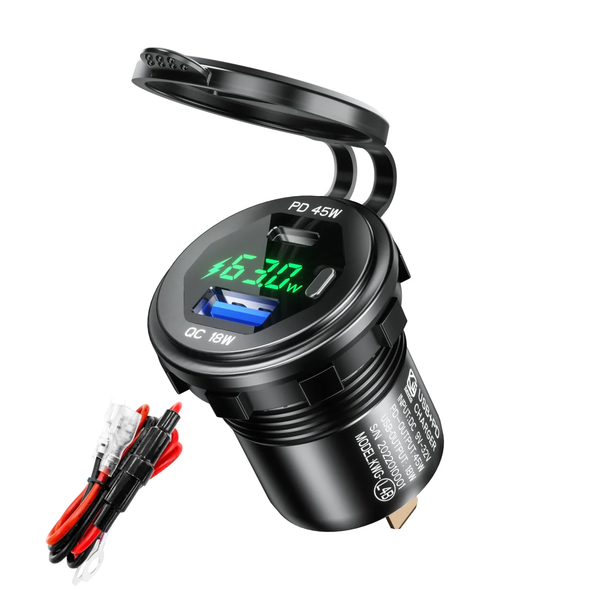 45W Type-C PD QC3.0 USB Car Charger Socket 12V 24V Fast Charge Voltmeter Switch Alloy Shell for Auto Truck Boat RV Bus Motor