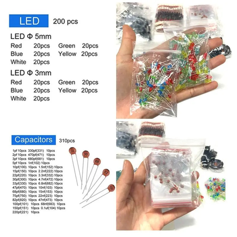 1900pcs Component Box Kit with Electrolytic Capacitors LED D