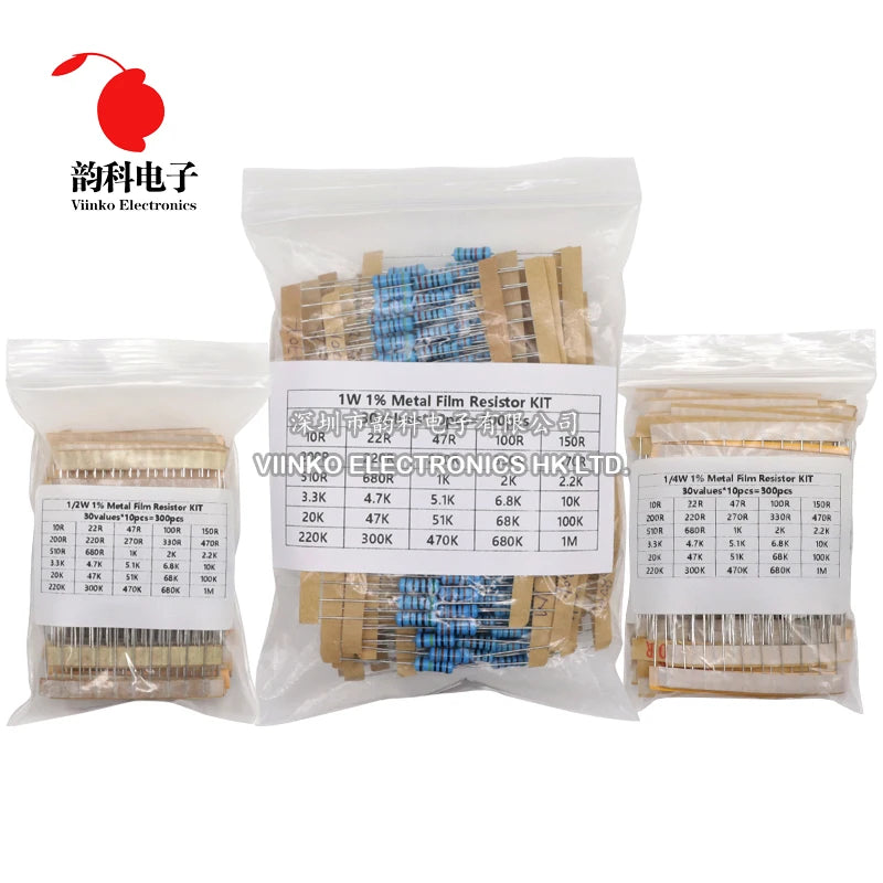 300PCS 1/4W 1/2W 1W 1% Metal Film Resistor Assortment Kit 10