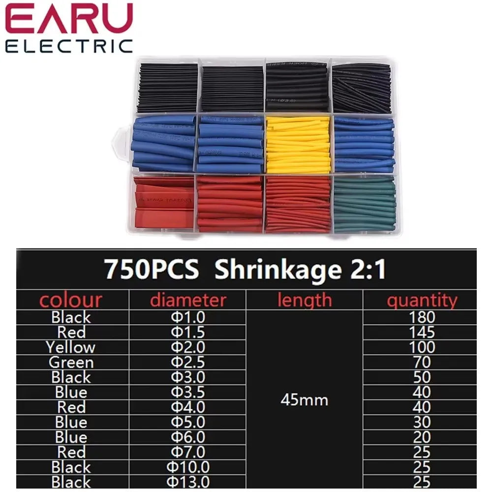 150-750pcs Heat-shrink Tubing Thermoresistant Tube Heat Shrink Wrapping Kit Electrical Connection Wire Cable Insulation Sleeving