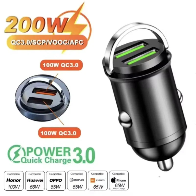 200W Dual USB Car Charger Pull Ring Fast Charging Car Phone 