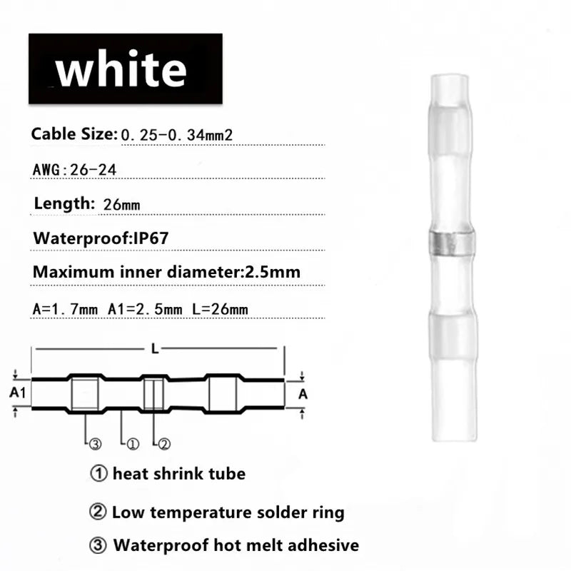 10-1000pcs Solder Seal Wire Connectors 3 1 Heat Shrink Wire Butt 26-24AWG Insulated Electrical Terminals Splice Waterproof
