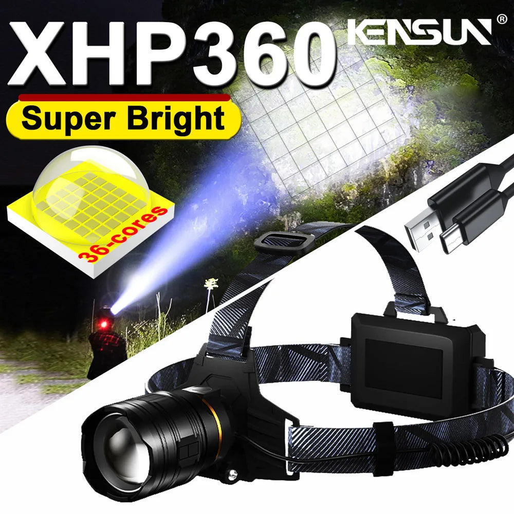 Super Bright XHP360 LED Headlamp USB Rechargeable Powerful H