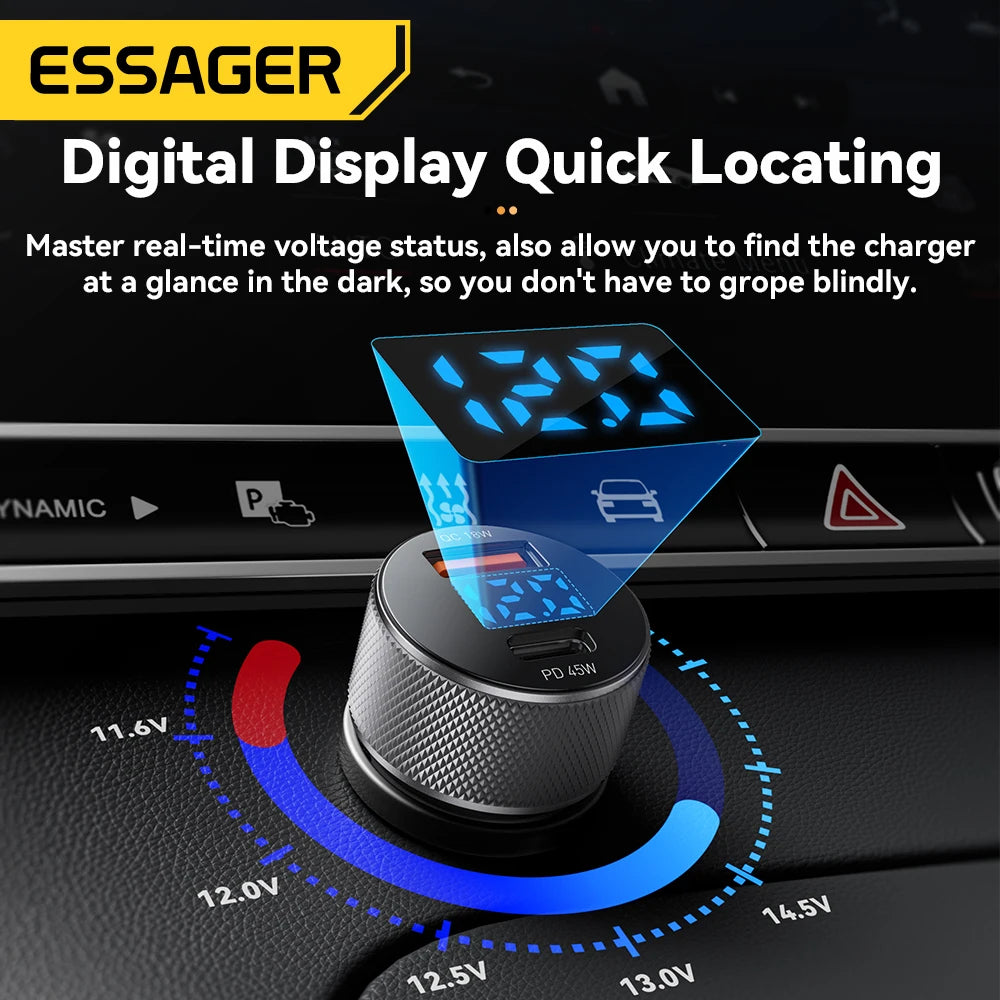 Essager USB C Car Charger 45W 2 Ports PD3.0 QC3.0 Digital Di