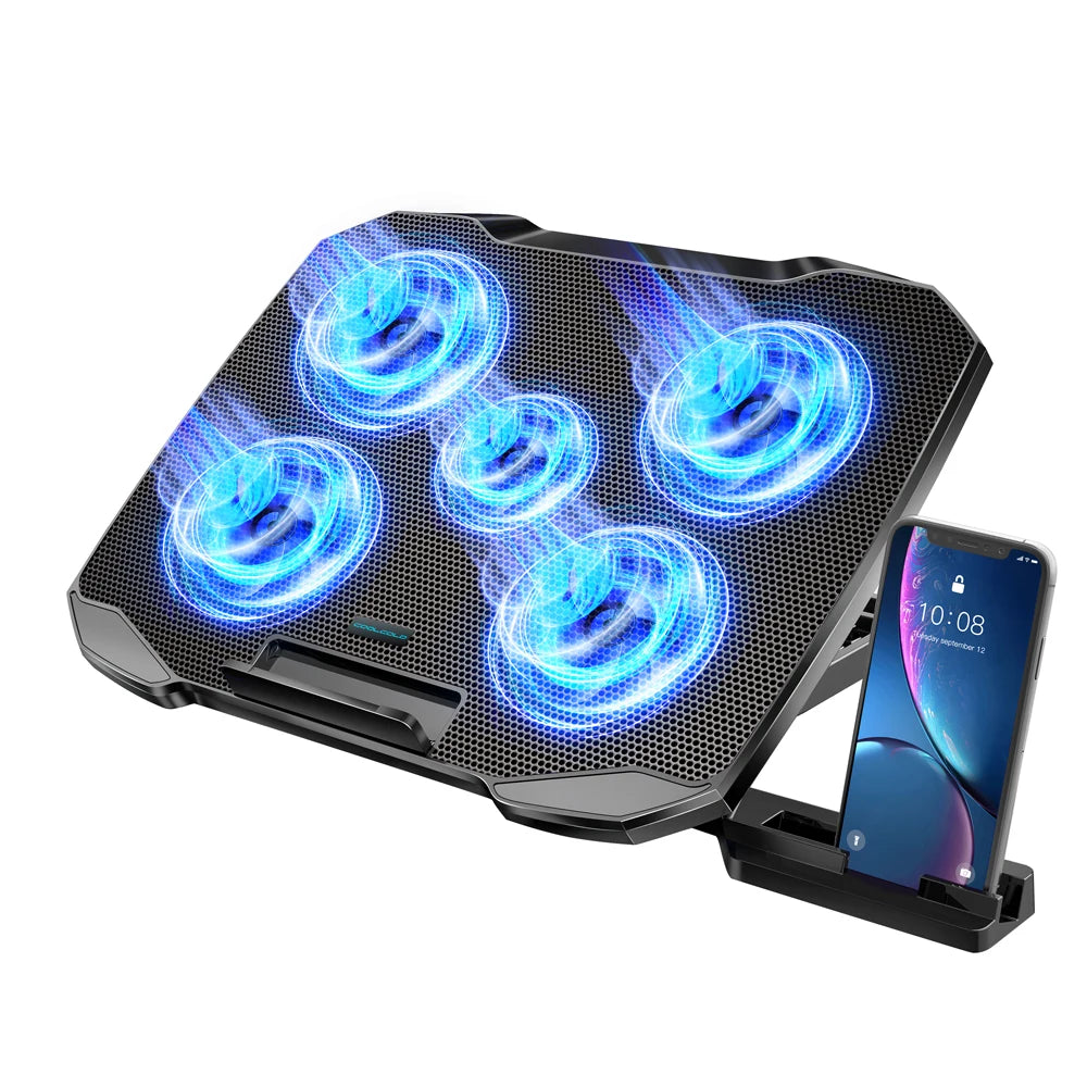 COOLCOLD Laptop Cooling Pad for 12-17 Inch Laptop Cooler Stand 5 Quiet Fans 5 Angle Adjustable with Phone Holder
