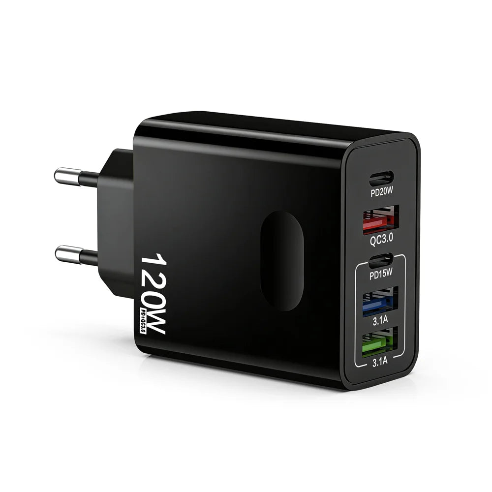 120W Multi Port USB C Fast Charger PD Charging Type C QC3.0 Wall Phone Adapter for iPhone 17 Samsung Xiaomi Huawei EU US UK Plug