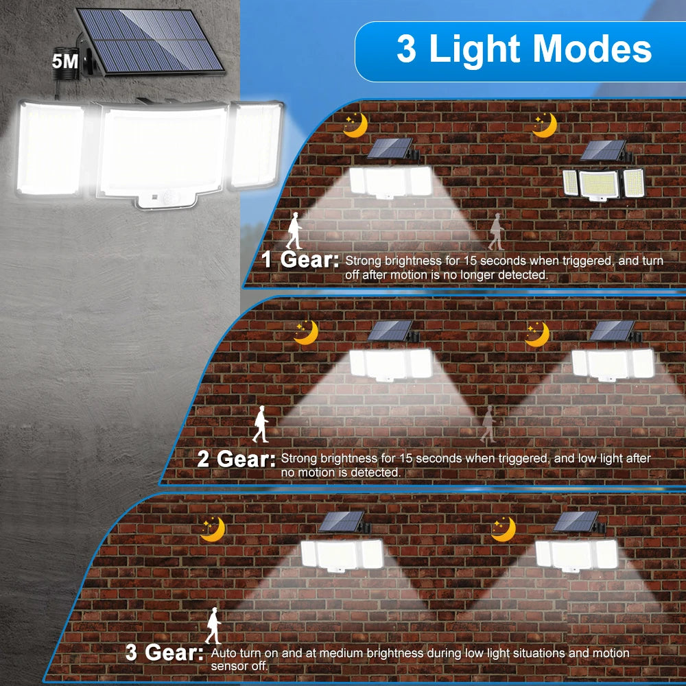 366 LED Solar Motion Sensor Security Outdoor Lights 3 Heads 