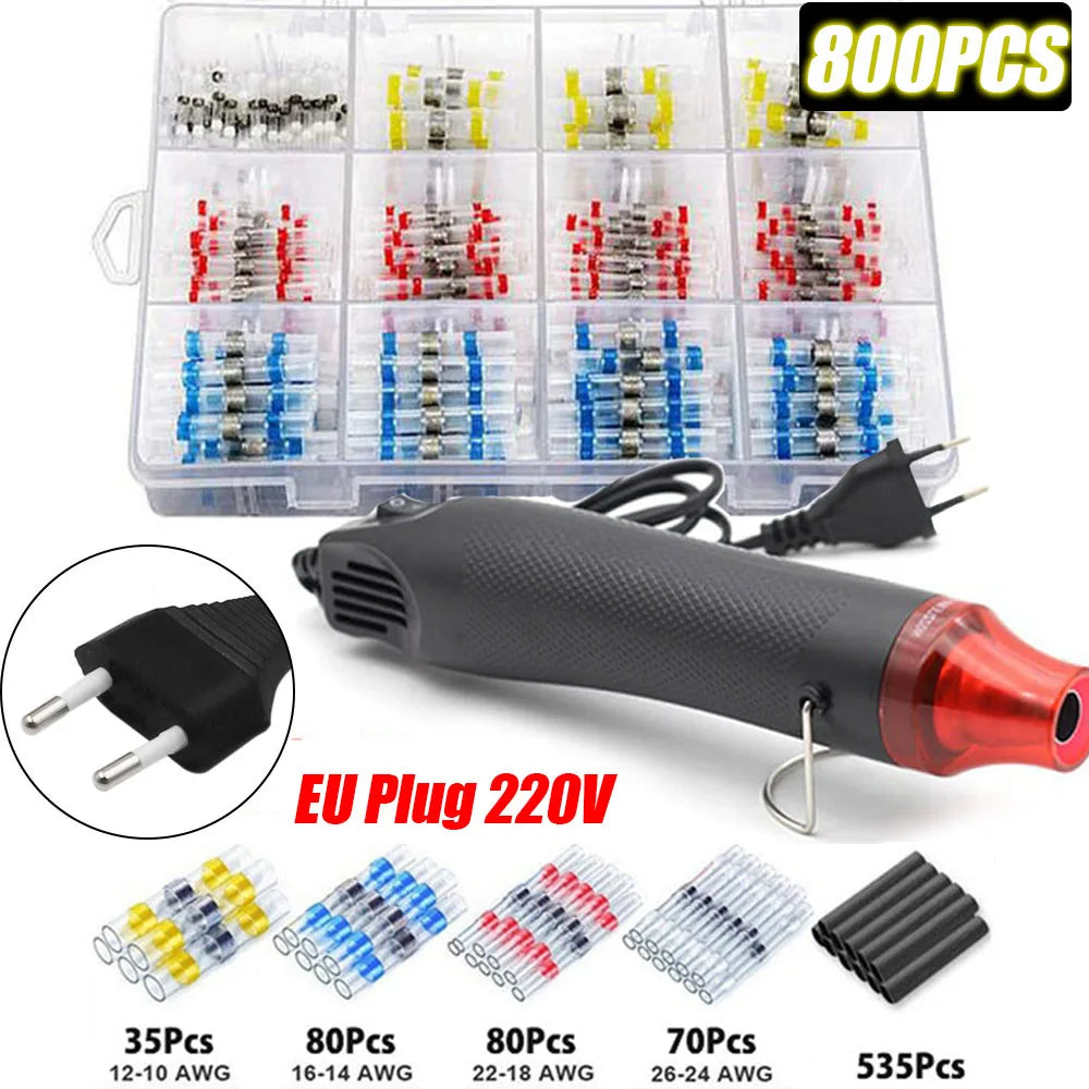 100/800PCS Solder Seal Wire Connectors Heat Shrink Solder Butt Connectors Kit Automotive Marine Insulated with 300W Hot Air Gun