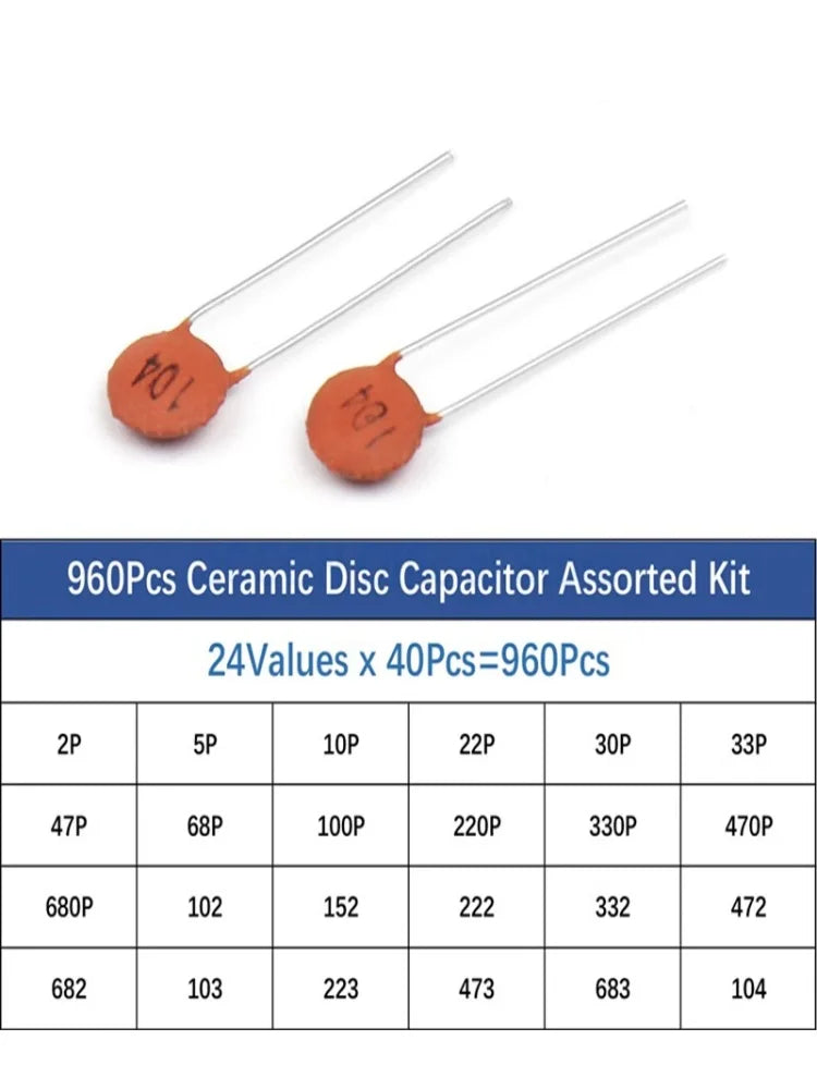 300pcs/960pcs Ceramic Capacitor Set 2pF-0.1uF Electronic Com