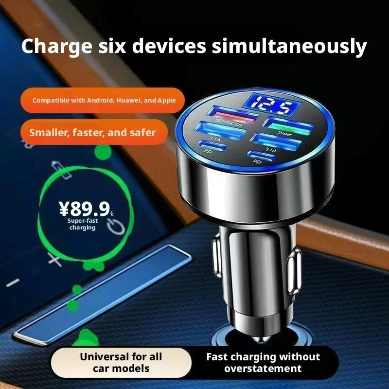 6 in 1 Car Charger Fast Charging LED Voltage Display Multi P