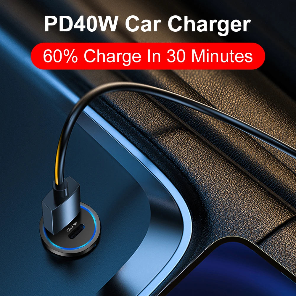 PD Car Charger Adapter 40W Fast Charging Type C USB PD Quick