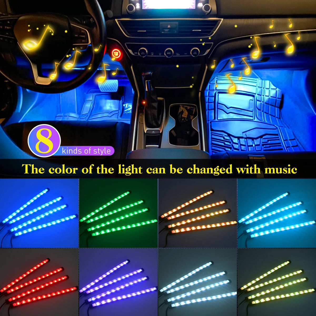 4PCS USB Interior Lights Multicolor Music Car Strip Light Un